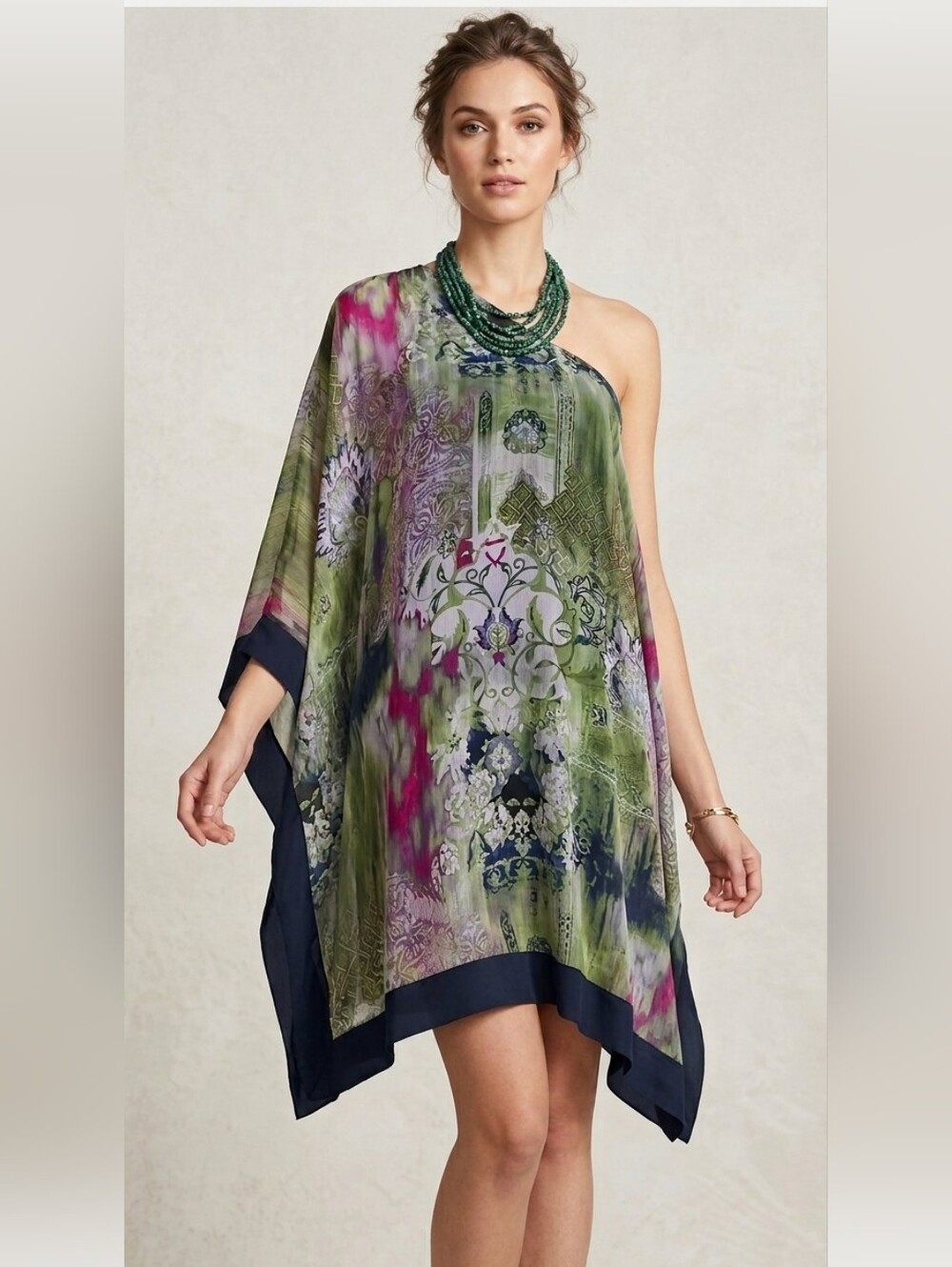 Elegant Boho One-Shoulder Asymmetrical Chiffon Dress Floral Print Overlay